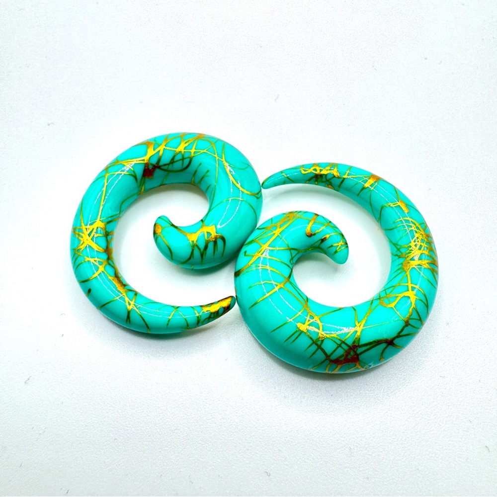 00g 10mm Teal & Gold Splatter Acrylic Spiral Taper Ear Plugs Gauges Stretched